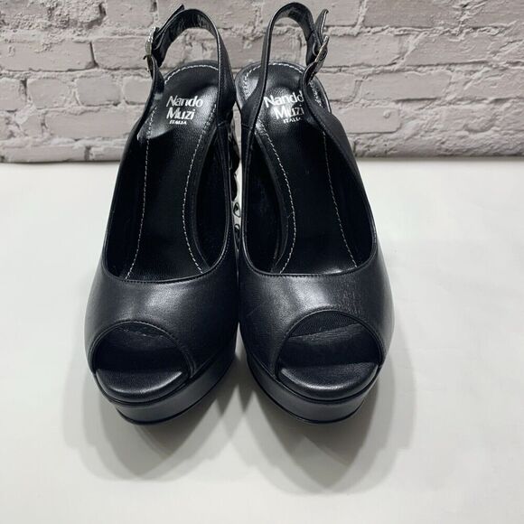 Nando Muzi Women’s Italian Leather Open Toe Jeweled Heels Pumps 36.5 Black - Picture 9 of 16